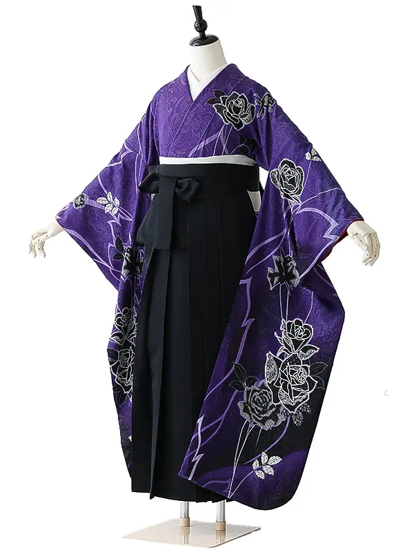 女性袴0793 【振袖袴セット】紫 黒 薔薇 正絹