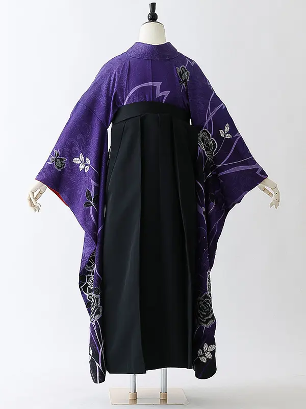 女性袴0793 【振袖袴セット】紫 黒 薔薇 正絹