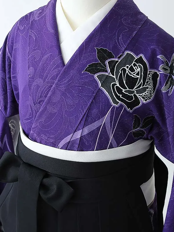 女性袴0793 【振袖袴セット】紫 黒 薔薇 正絹