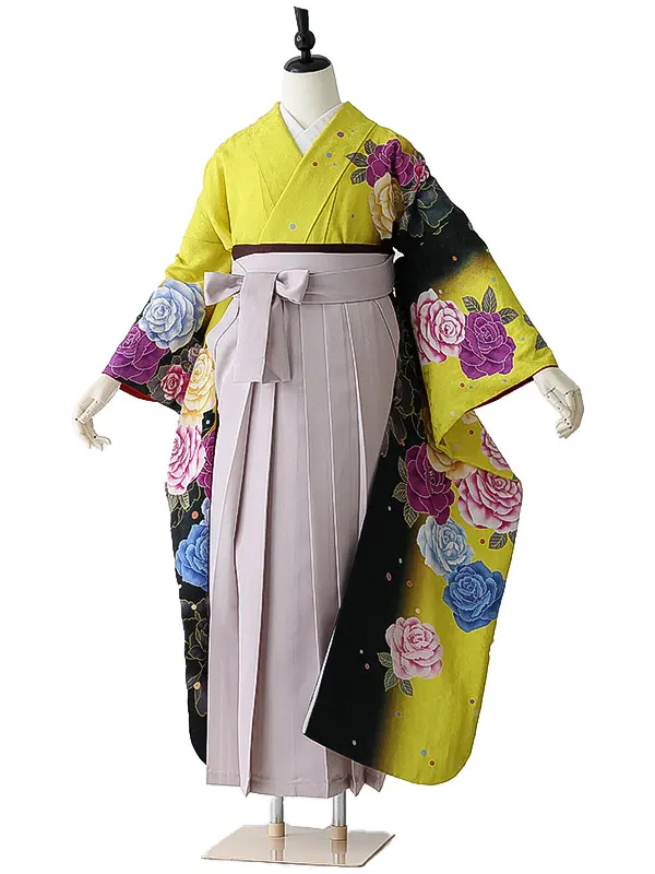 女性袴0794 【振袖袴セット】黄 黒 薔薇 正絹