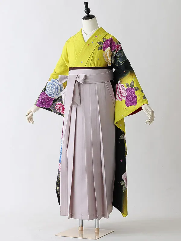 女性袴0794 【振袖袴セット】黄 黒 薔薇 正絹