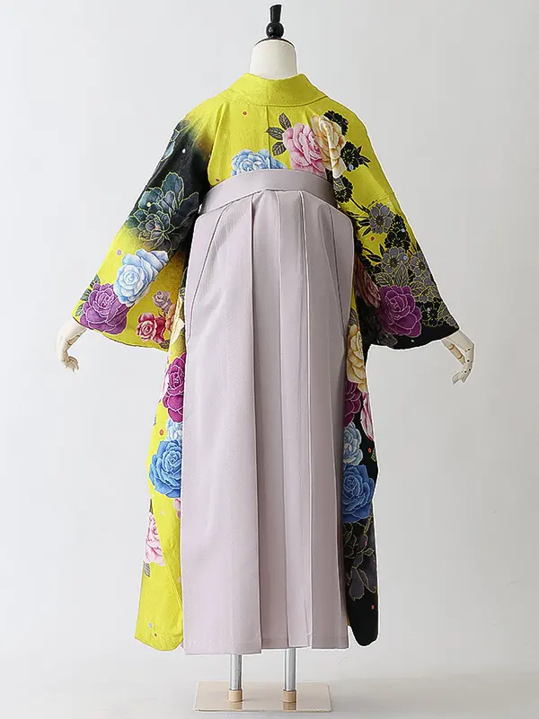 女性袴0794 【振袖袴セット】黄 黒 薔薇 正絹