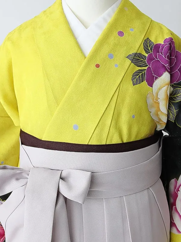 女性袴0794 【振袖袴セット】黄 黒 薔薇 正絹