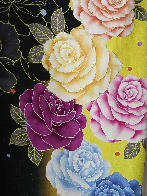 女性袴0794 【振袖袴セット】黄 黒 薔薇 正絹