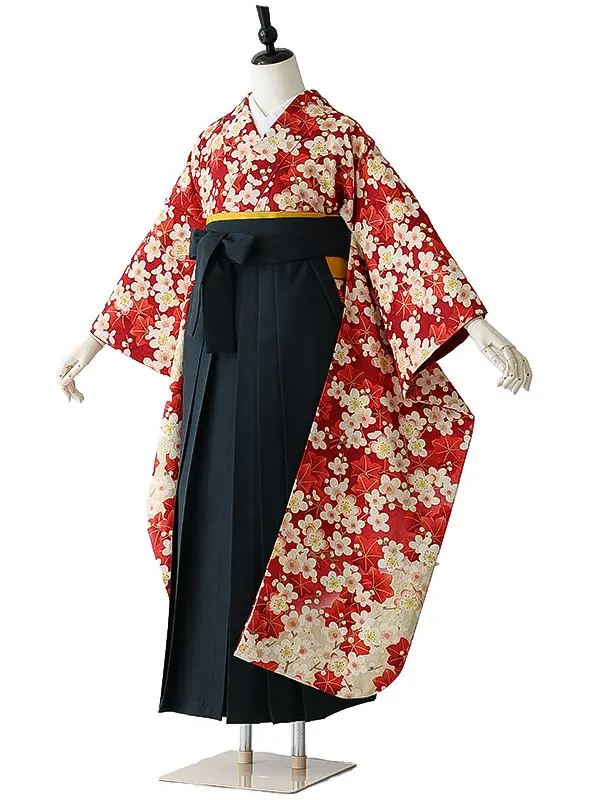 女性袴0795 【振袖袴セット】赤 桜 楓 正絹