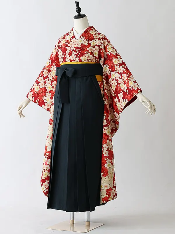 女性袴0795 【振袖袴セット】赤 桜 楓 正絹