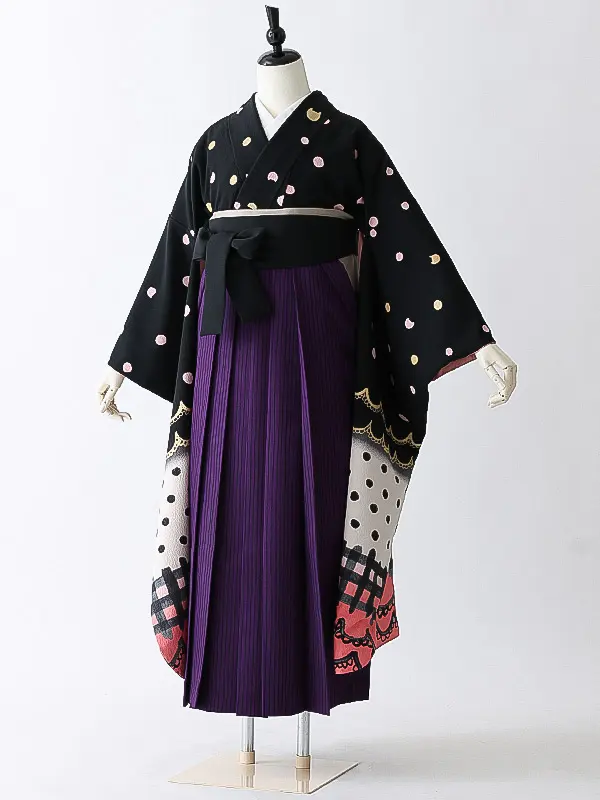 女性袴0799 【振袖袴セット】黒 水玉 猫 ツモリチサト