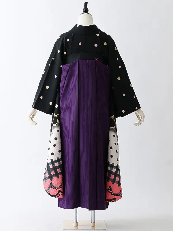 女性袴0799 【振袖袴セット】黒 水玉 猫 ツモリチサト