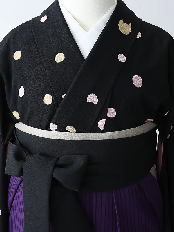 女性袴0799 【振袖袴セット】黒 水玉 猫 ツモリチサト