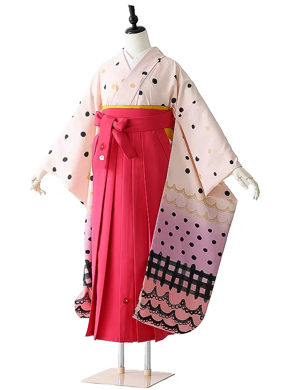 女性袴0800 【振袖袴セット】ピンク 水玉 猫 ツモリチサト