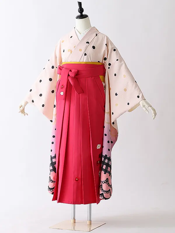 女性袴0800 【振袖袴セット】ピンク 水玉 猫 ツモリチサト