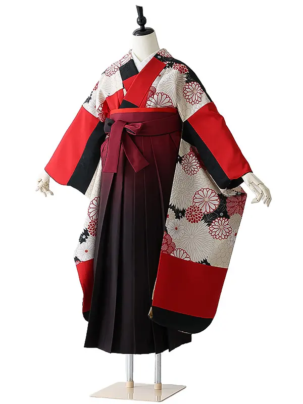 女性袴0801 【振袖袴セット】赤 白 菊 レトロ