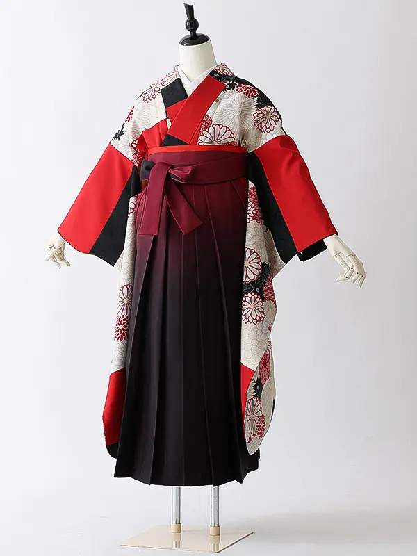 女性袴0801 【振袖袴セット】赤 白 菊 レトロ