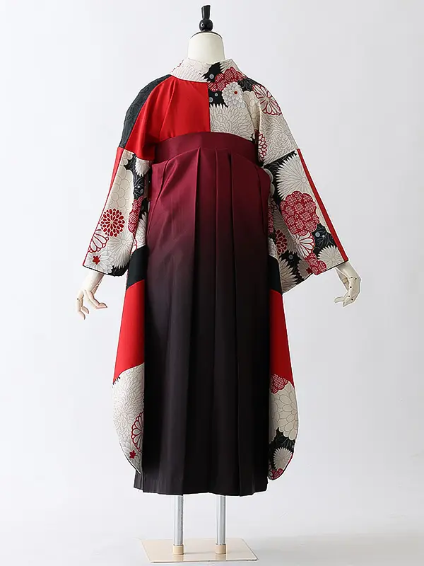 女性袴0801 【振袖袴セット】赤 白 菊 レトロ