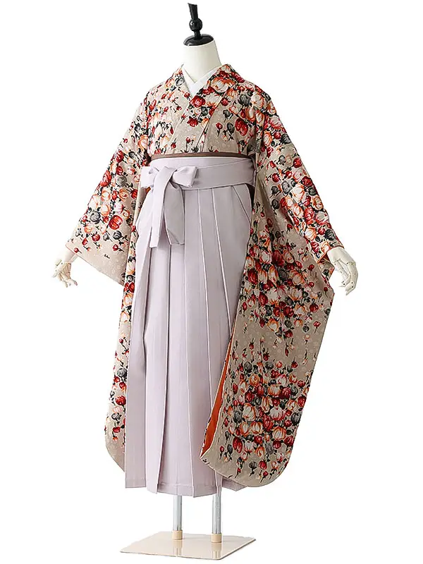 女性袴0802 【振袖袴セット】ベージュ 花束 モダンアンテナ