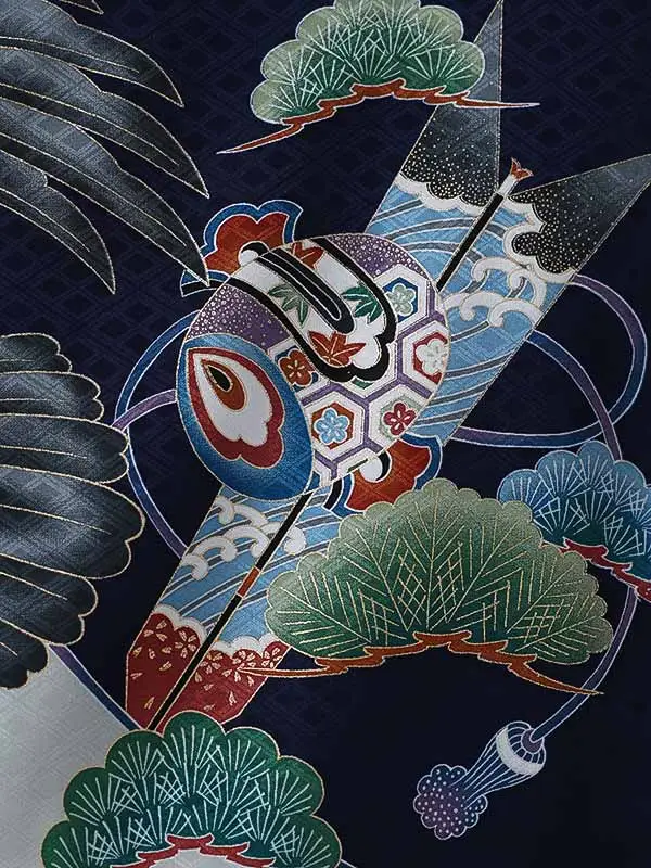 男児産着0169【正絹】濃紺 鷹 松 小鎚