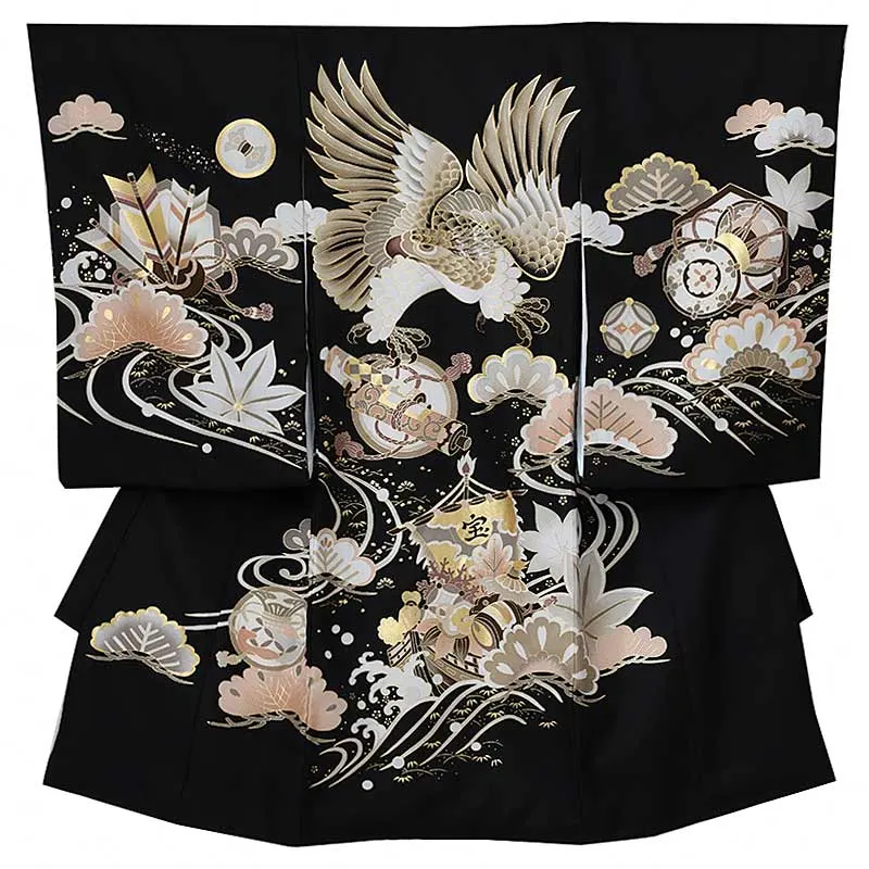 男児産着0176 【正絹】黒 鷹 松 宝船