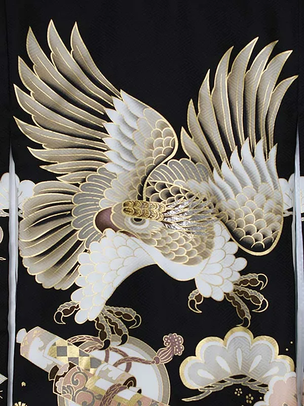 男児産着0176【正絹】黒 鷹 松 宝船