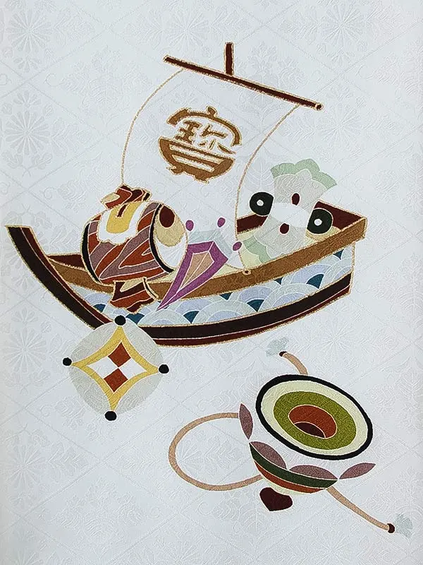 男児産着0178【正絹】白 馬 宝船 京友禅