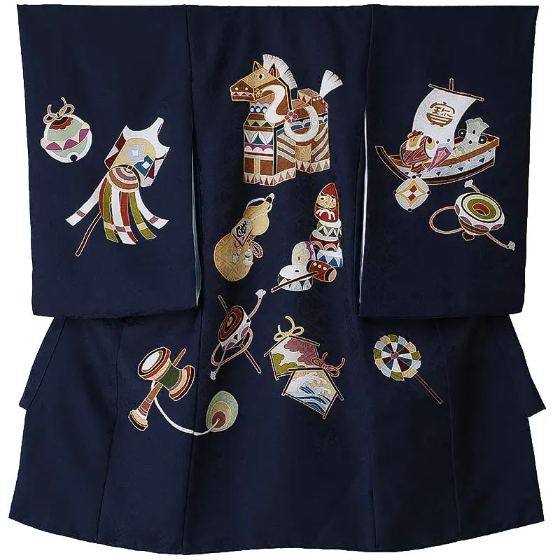 男児産着0179【正絹】紺 馬 宝船 京友禅