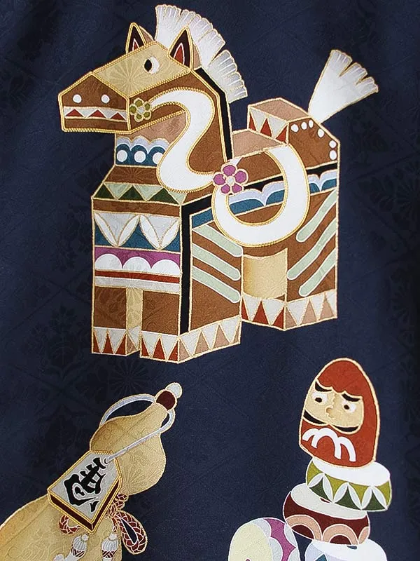 男児産着0179【正絹】紺 馬 宝船 京友禅