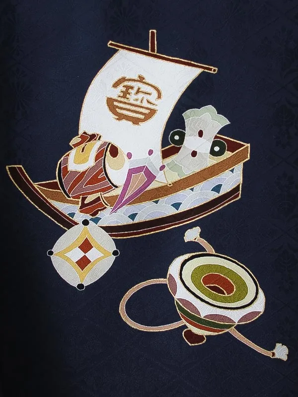 男児産着0179【正絹】紺 馬 宝船 京友禅