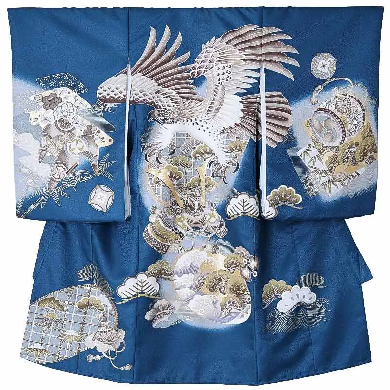 男児産着0180 青 鷹 兜 松