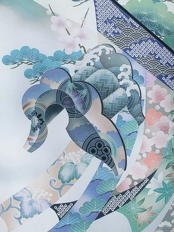 男児産着0182 クリーム 水色 鷹 松