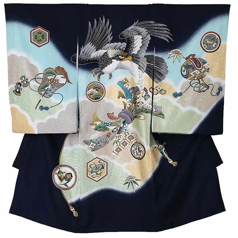 男児産着0186【正絹】紺 鷹 熨斗