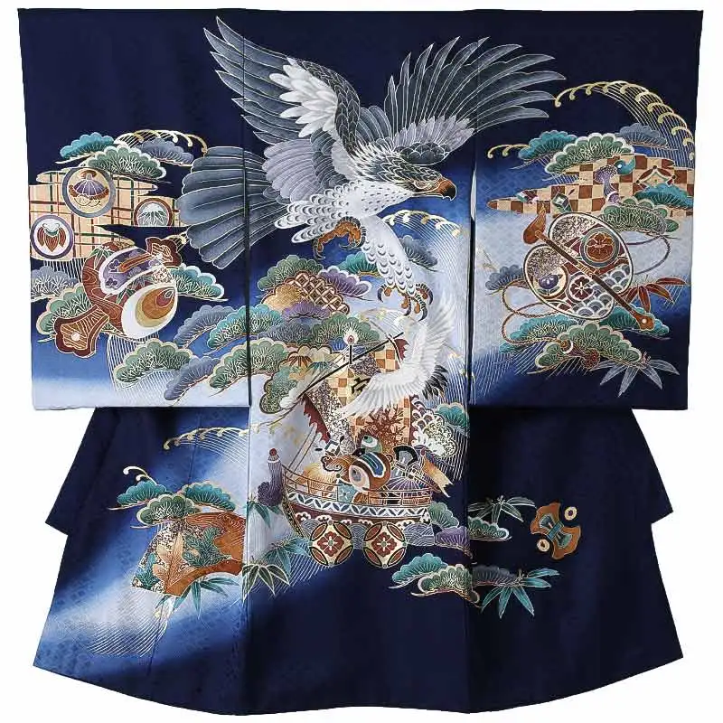 男児産着0189【正絹】紺 鷹 宝船 松