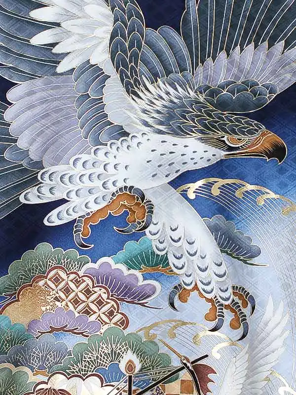 男児産着0189【正絹】紺 鷹 宝船 松