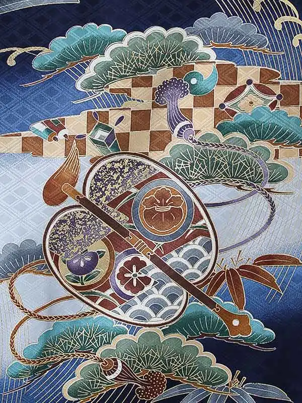 男児産着0189【正絹】紺 鷹 宝船 松