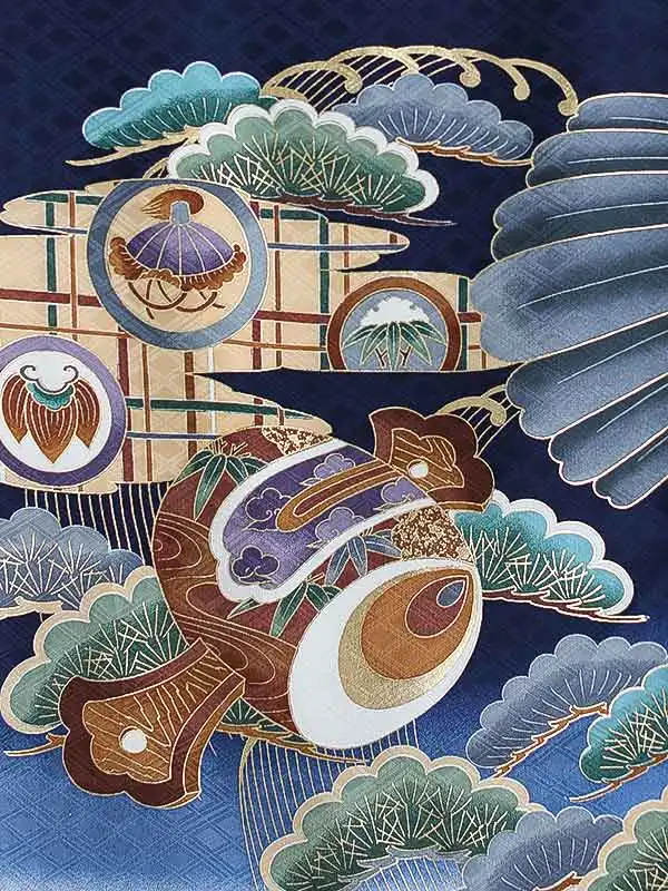 男児産着0189【正絹】紺 鷹 宝船 松