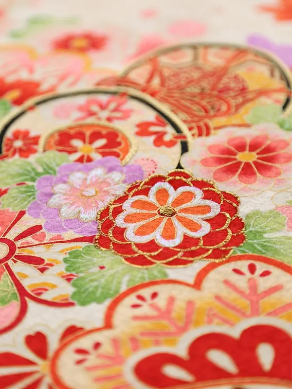 女児産着0047【正絹】白・金たたき 鼓　