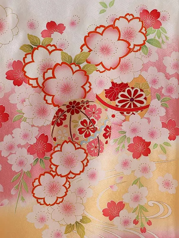 女児産着0155【正絹】白 ピンク 鞠 花模様