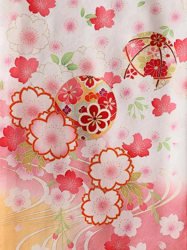 女児産着0155【正絹】白 ピンク 鞠 花模様