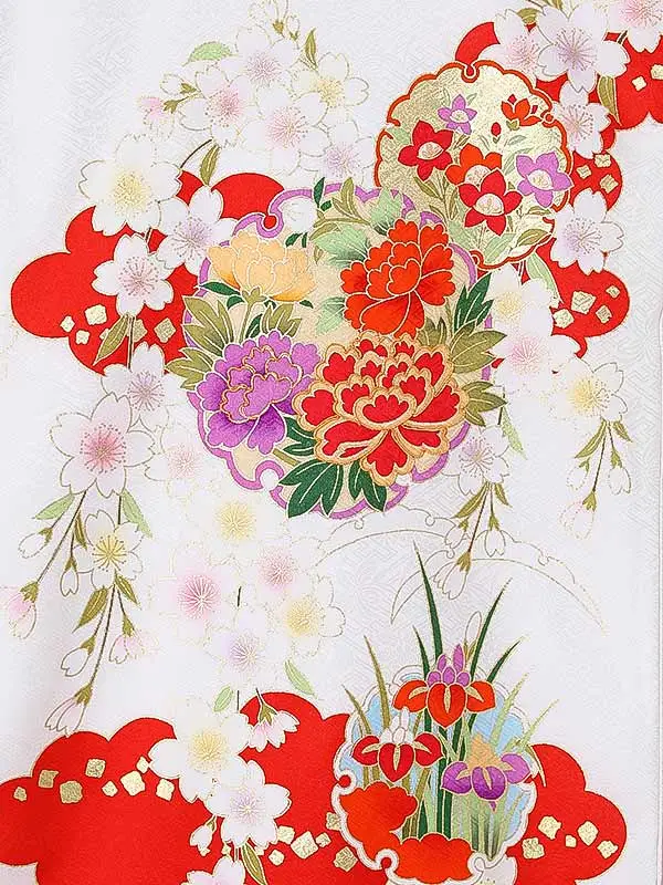 女児産着0160【正絹】白 赤 牡丹 花模様