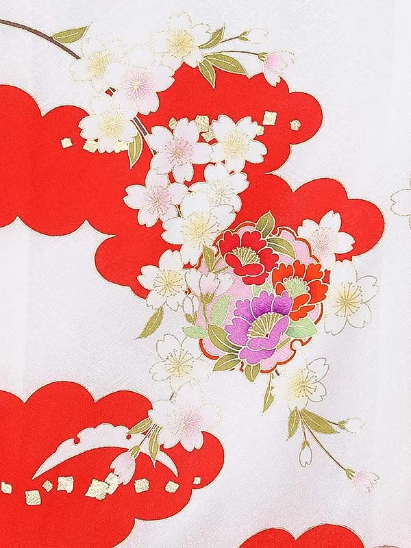 女児産着0160【正絹】白 赤 牡丹 花模様