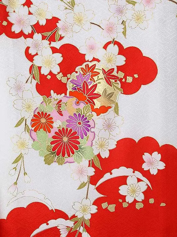 女児産着0160【正絹】白 赤 牡丹 花模様