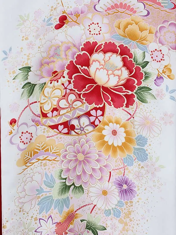 女児産着0163 白 ピンク 牡丹 鞠