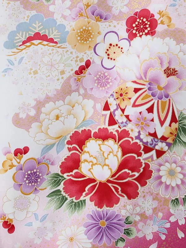 女児産着0163 白 ピンク 牡丹 鞠