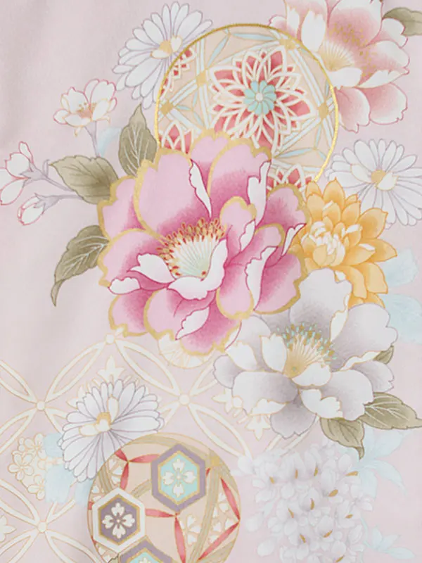 女児産着0164 薄ピンク 牡丹 花模様