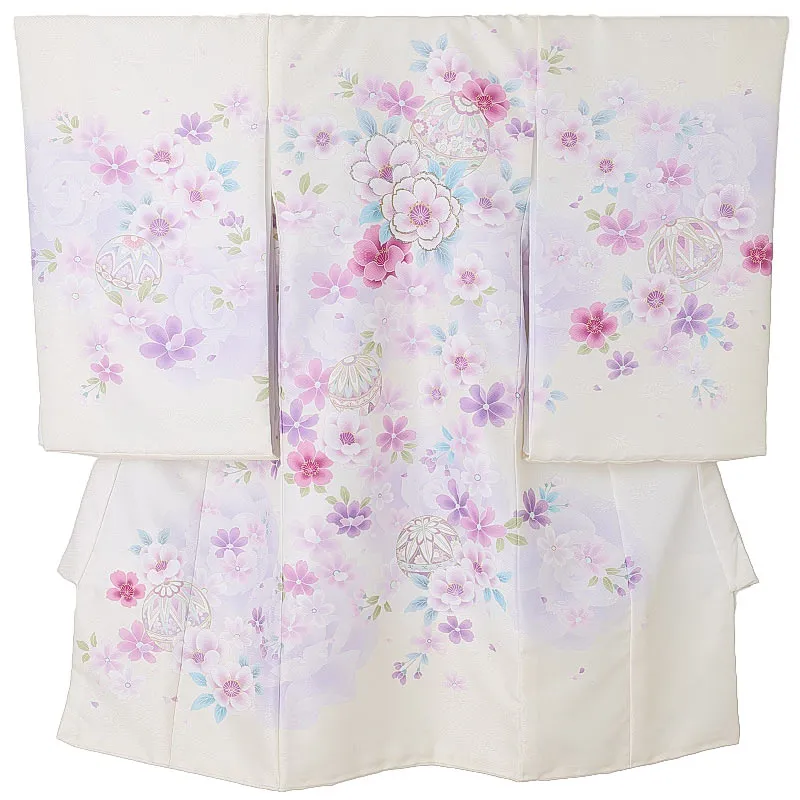 女児産着0168 淡黄 薄紫 鞠 花模様