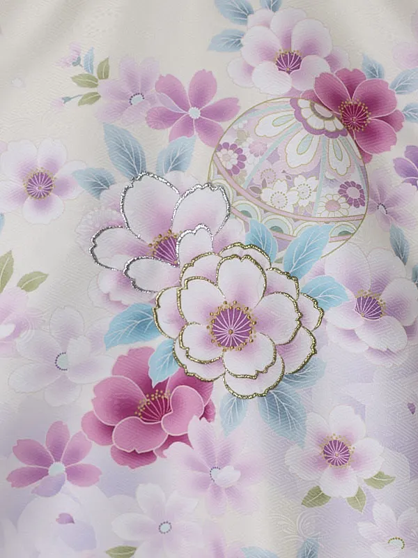 女児産着0168 淡黄 薄紫 鞠 花模様