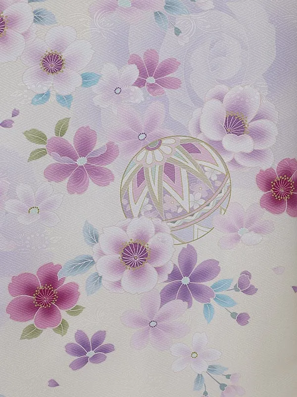 女児産着0168 淡黄 薄紫 鞠 花模様