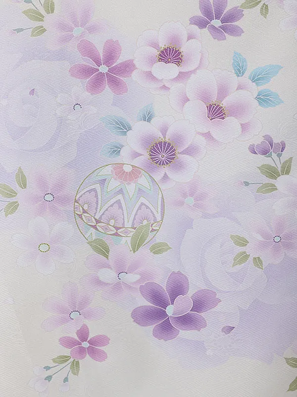 女児産着0168 淡黄 薄紫 鞠 花模様