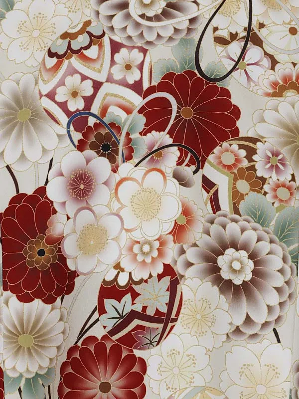 女児産着0170 アイボリー 赤 鞠 花模様