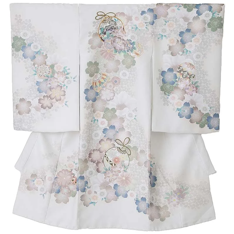 女児産着0174 クリーム 鞠 花模様