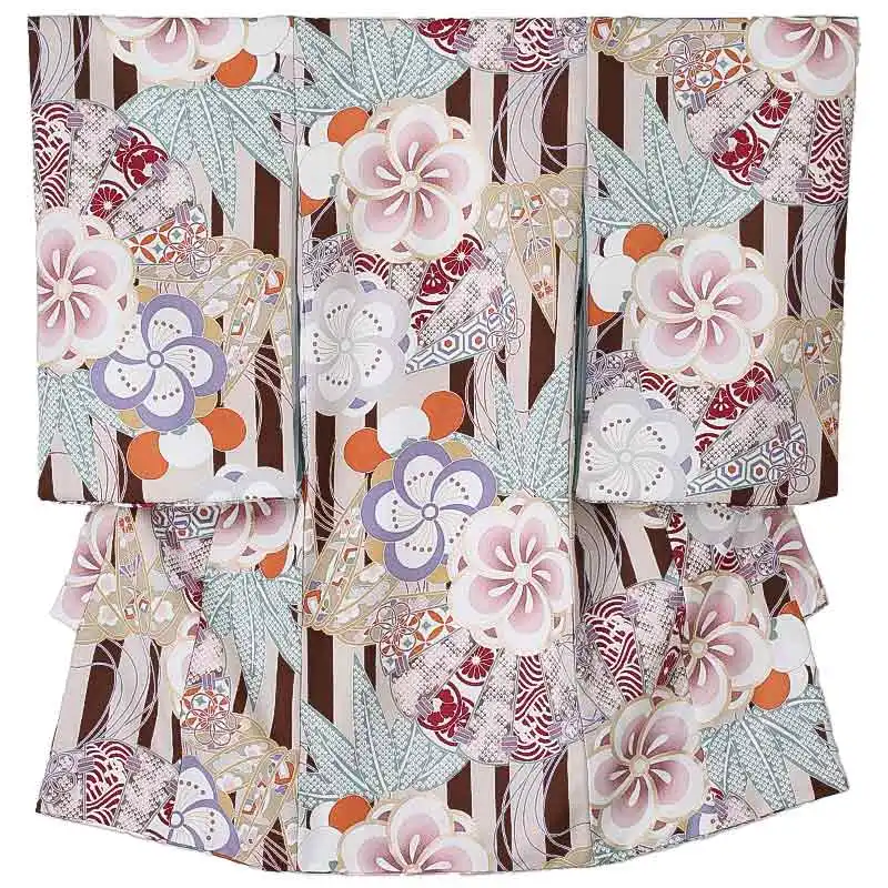 女児産着0179 茶 梅 扇 ストライプ