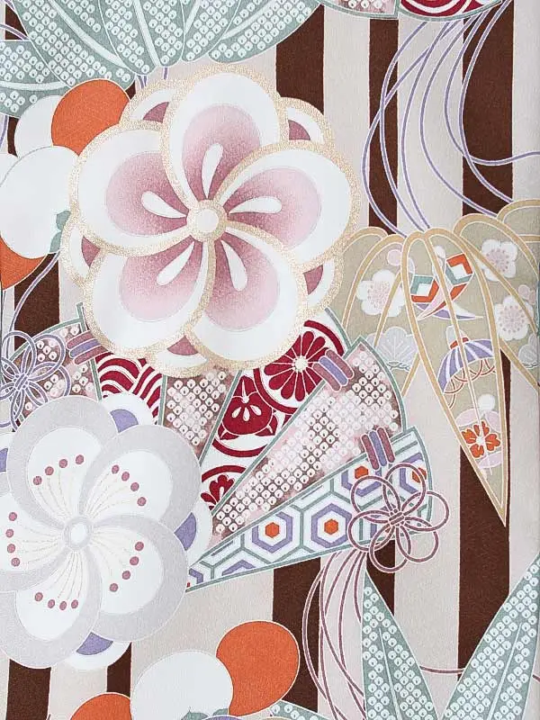 女児産着0179 茶 梅 扇 ストライプ